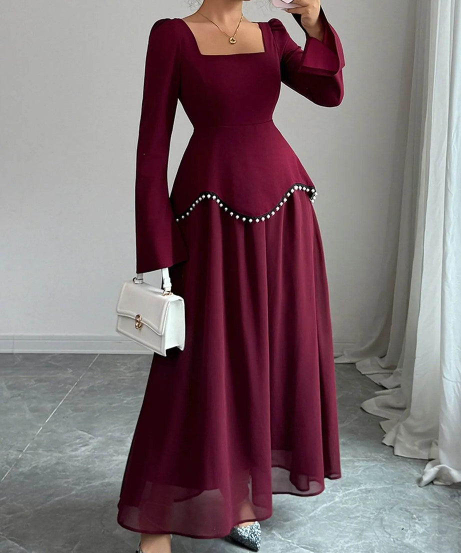 Square Neck Long Sleeve Maxi Dress - ELY VESSA LLC