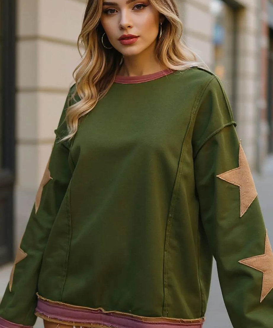 Double Take Star Patched Long Sleeve Sweatshirt - ELY VESSA LLC