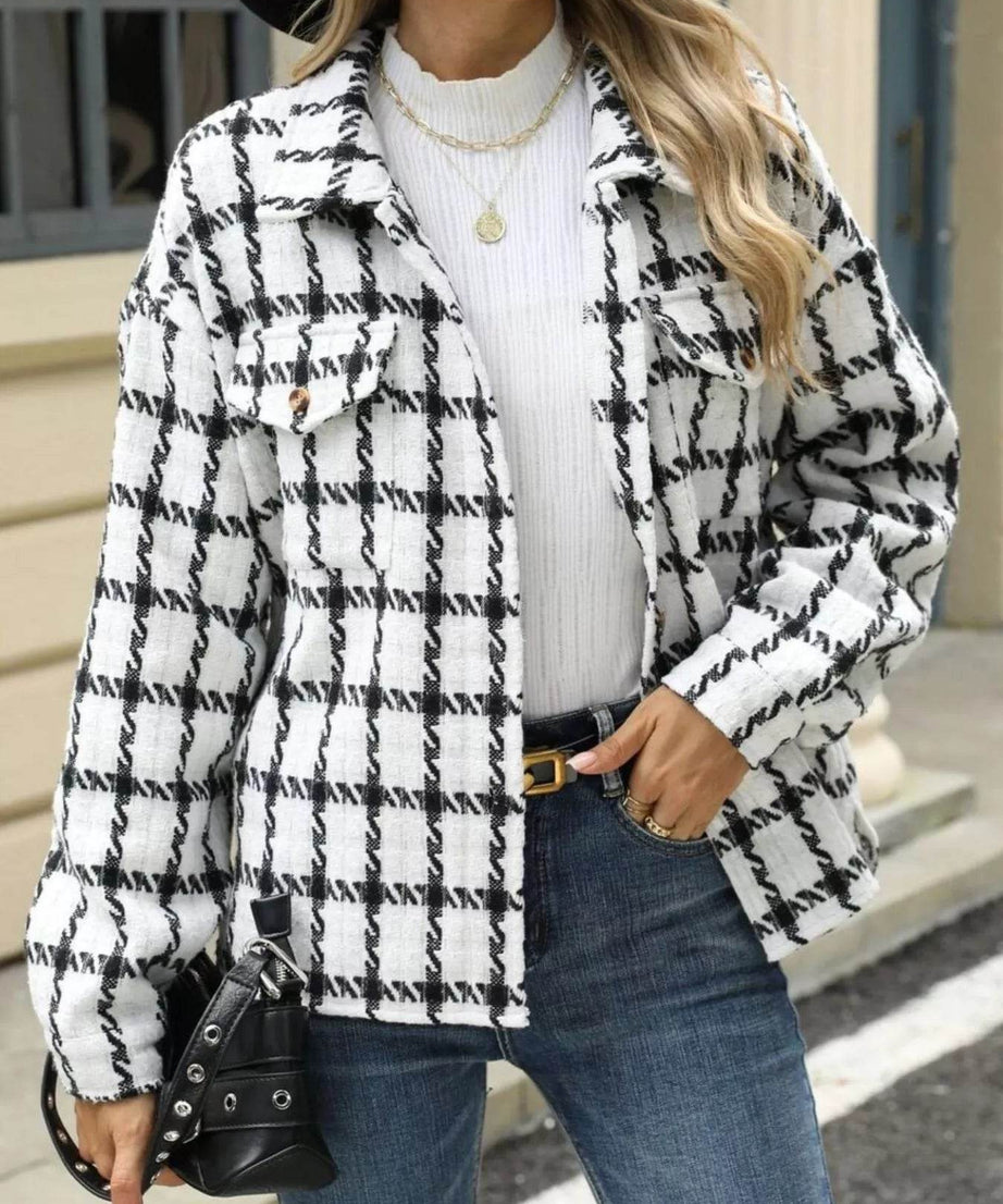 Plaid Button Up Long Sleeve Jacket - ELY VESSA LLC