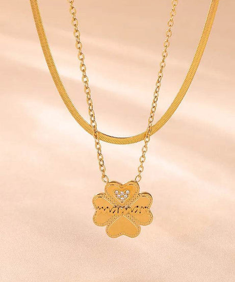2 Piece 18K Gold-Plated Inlaid Zircon Lucky Clover Necklace - ELY VESSA LLC