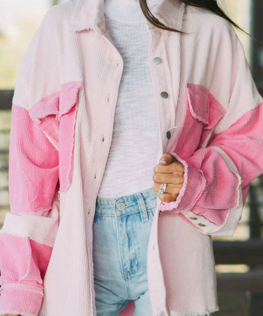 Two-tone Color Exposed Seam Corduroy Shacket - ELY VESSA LLC