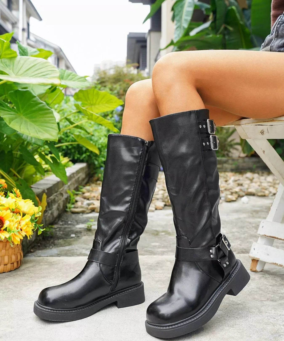 Round Toe Block Heels Boots - ELY VESSA LLC