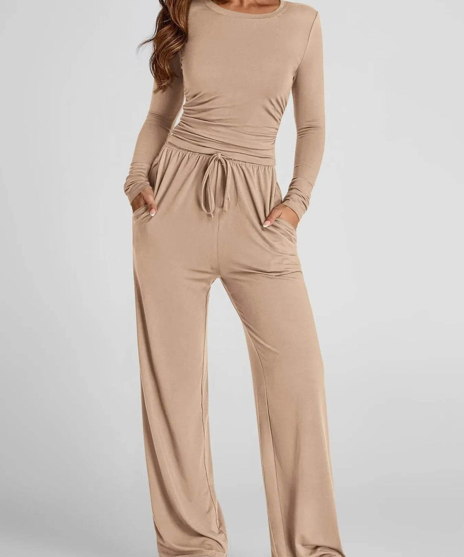 Round Neck Long Sleeve Top and Pants Set - ELY VESSA LLC