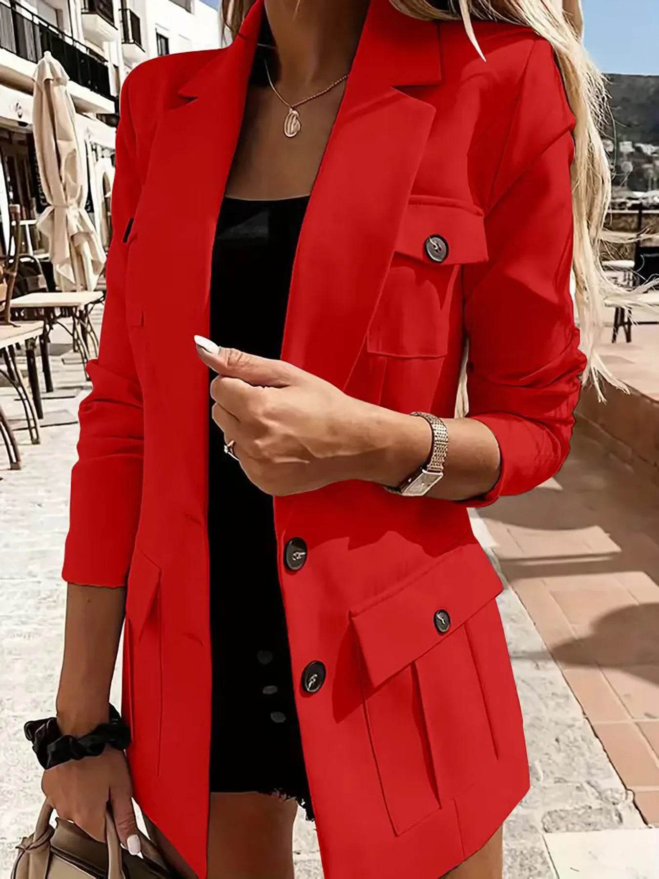 Lapel Collar Long Sleeve Blazer - ELY VESSA LLC