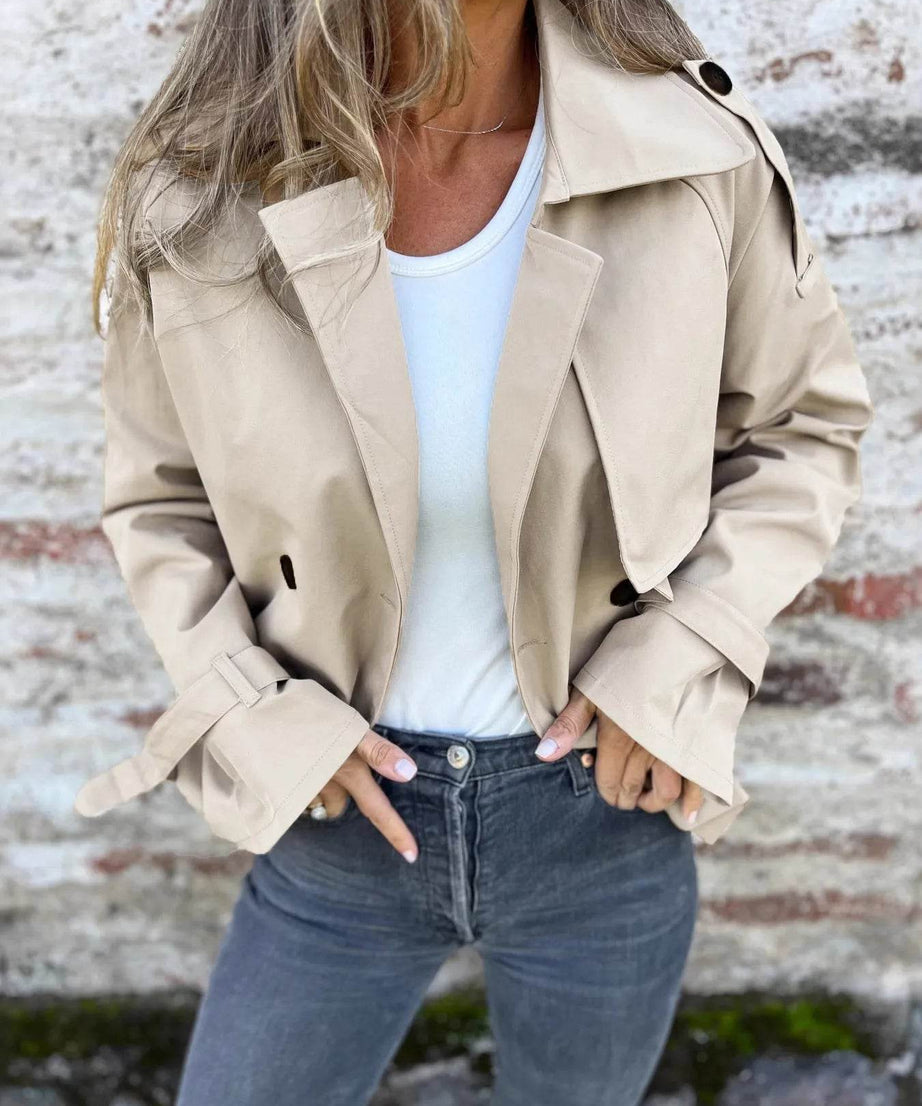 Full Size Long Sleeve Button Up Trench Coat Plus Size - ELY VESSA LLC