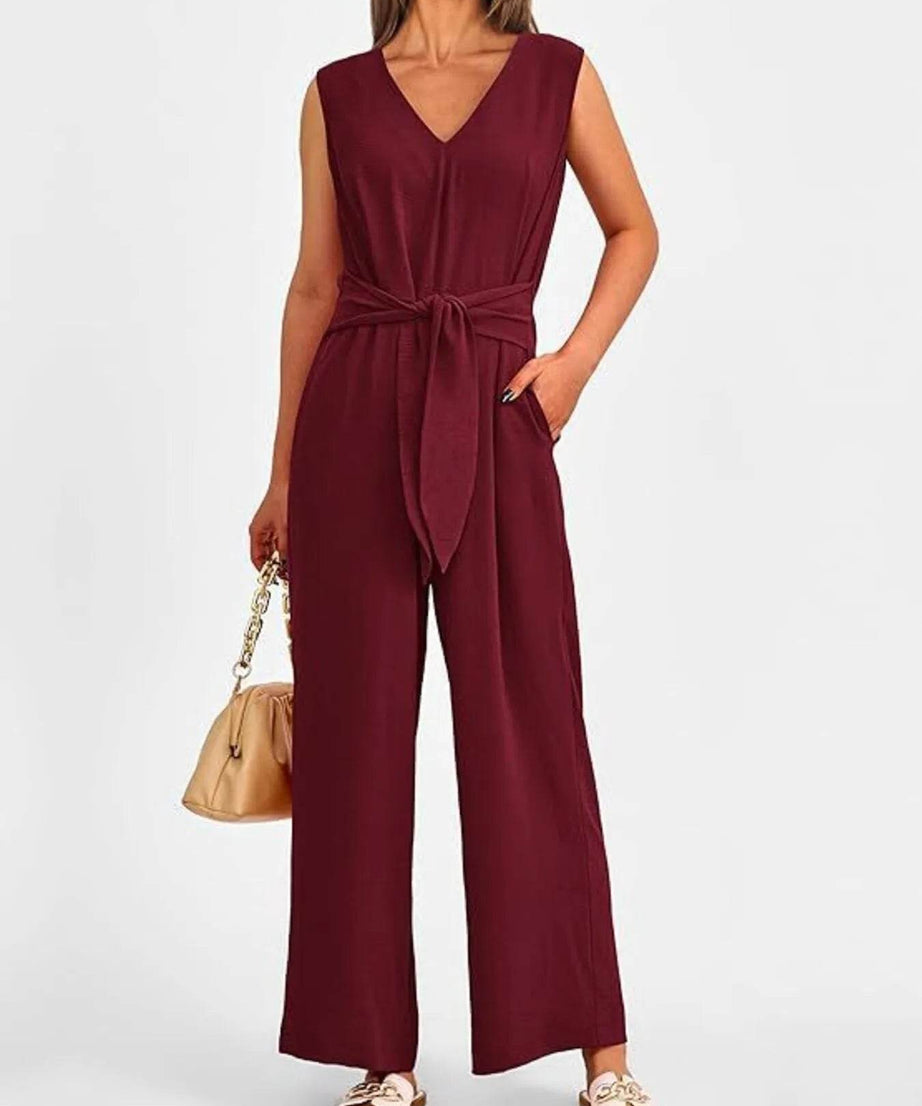 V-Neck Sleeveless Wide-Leg Jumpsuit with Waist Tie - ELY VESSA LLC