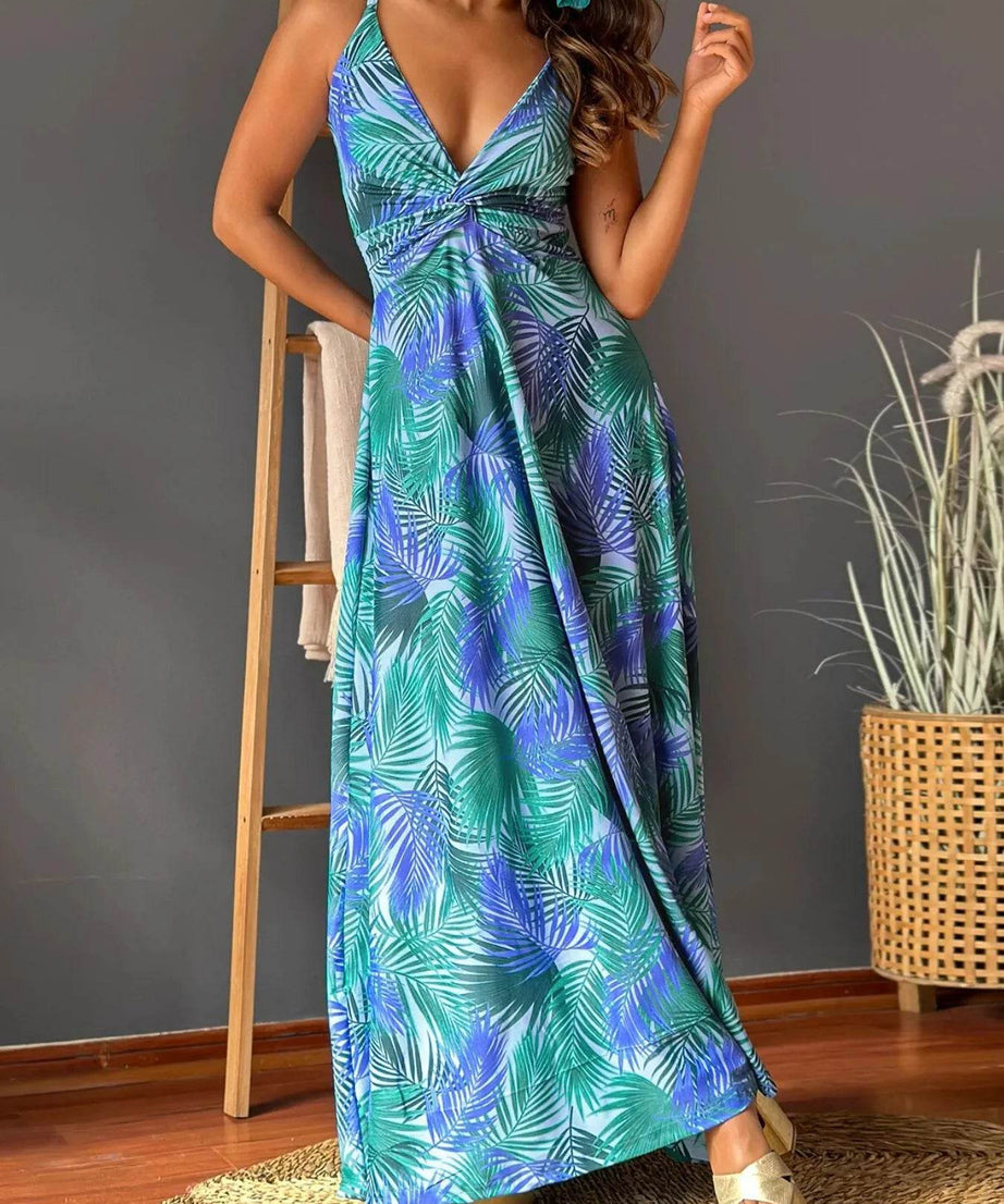 Tropical Print V-Neck Maxi Dress - ELY VESSA LLC