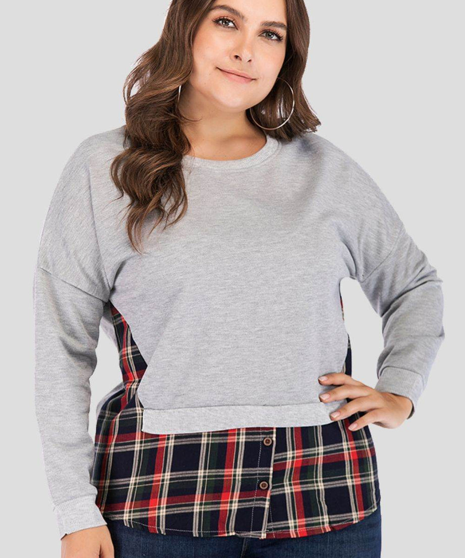 Full Size Plaid Patch Drop Shoulder Round Neck Top - ELY VESSA LLC