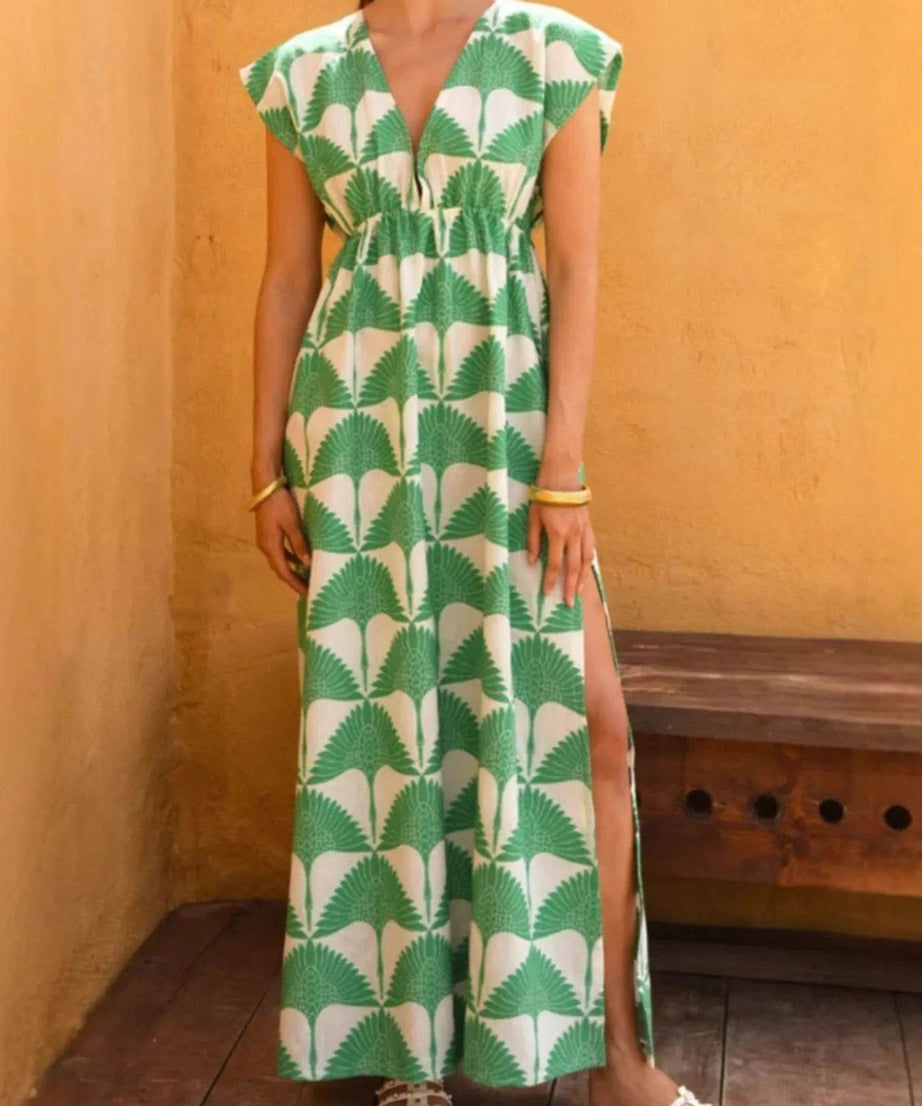 Slit Printed V-Neck Cap Sleeve Maxi Dress - ELY VESSA LLC