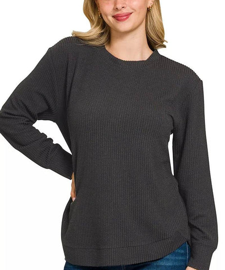 Zenana Full Size Raised Rib Round Neck Long Sleeve Top Plus Size - ELY VESSA LLC