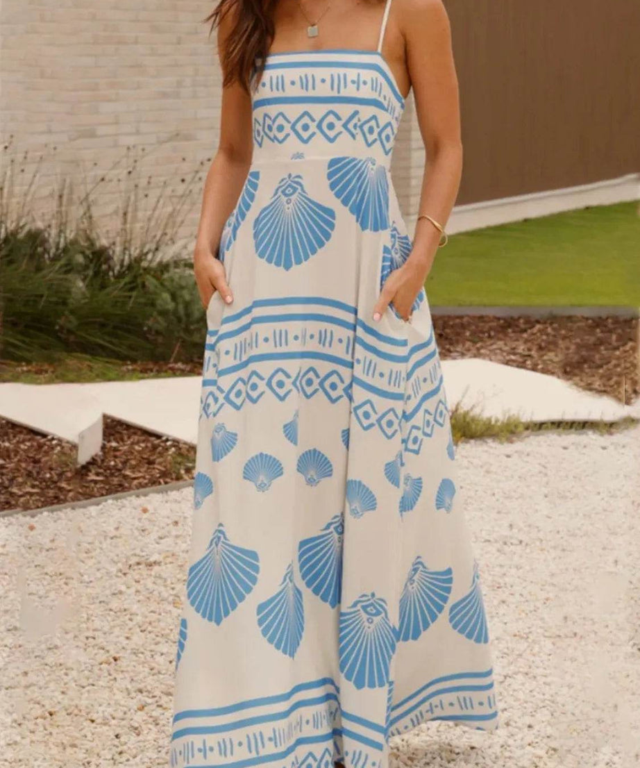 Seashell Print Spaghetti Strap Maxi Dress - ELY VESSA LLC