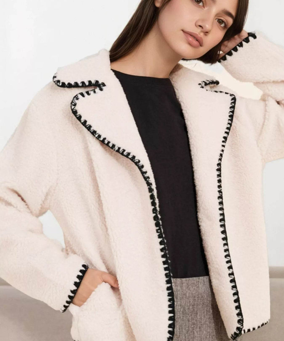 Sherpa Contrast Trim Button Up Outerwear - ELY VESSA LLC