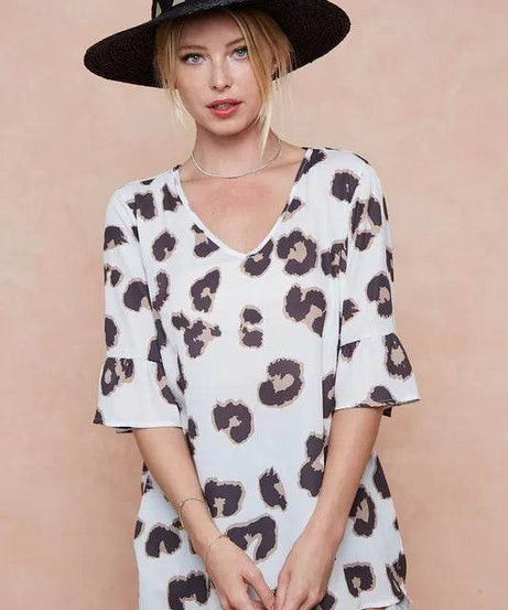 BiBi Leopard Printed V Neck Woven Top with Ruffled - ELY VESSA LLC