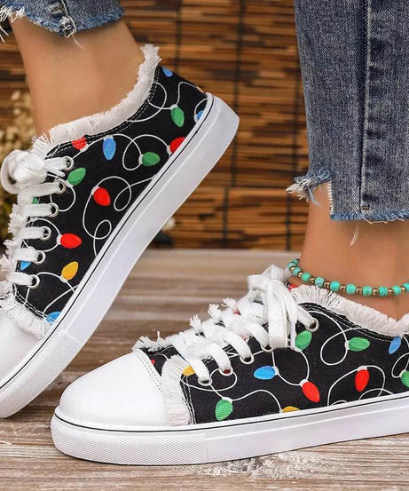 Raw Hem Printed Round Toe Sneakers - ELY VESSA LLC