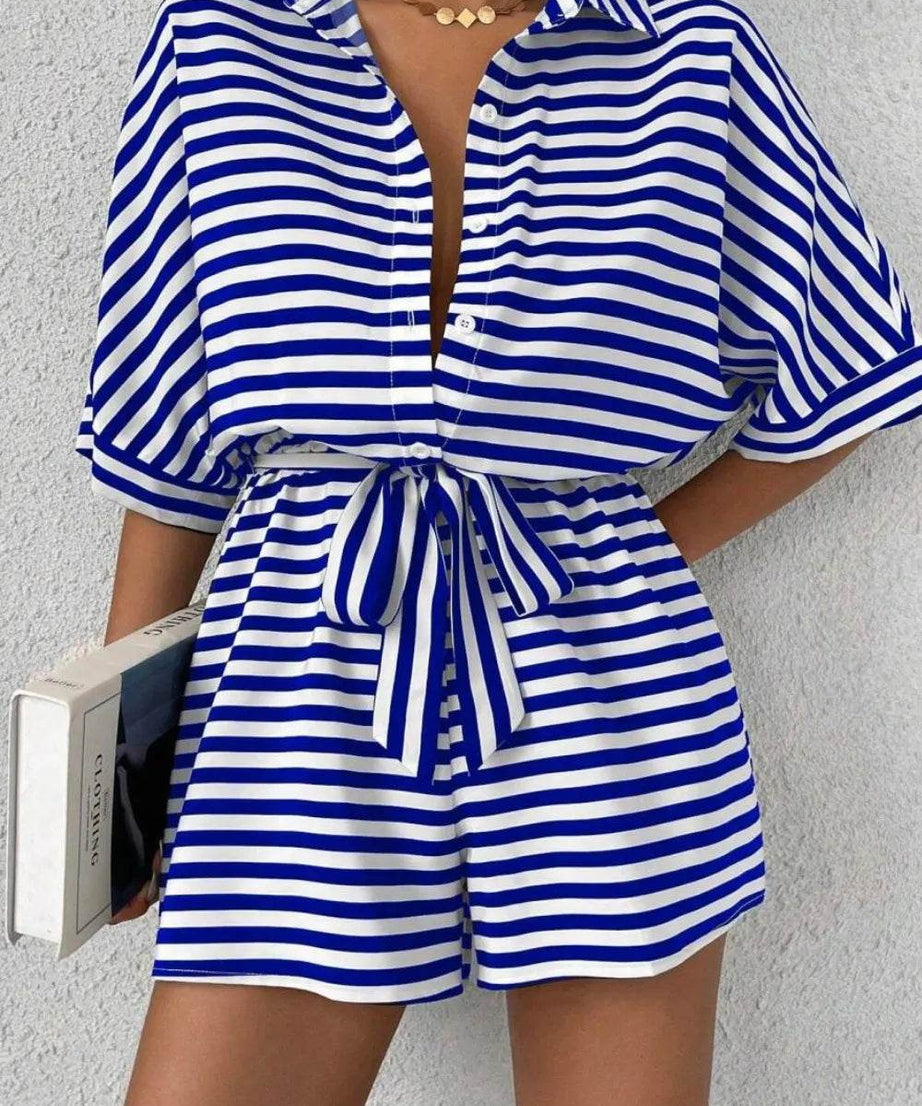 Striped Collared Neck Tie Waist Romper - ELY VESSA LLC