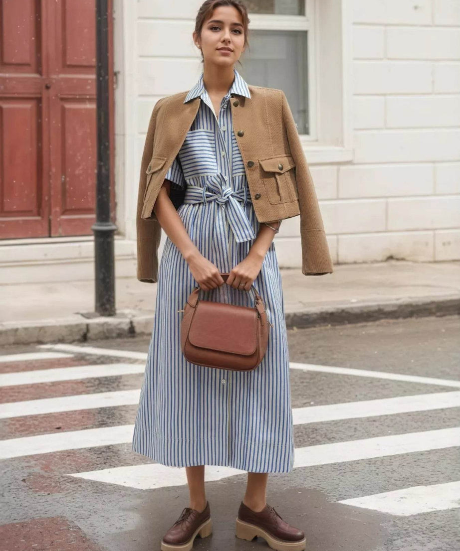 Striped Button Front Shirt Dress - ELY VESSA LLC