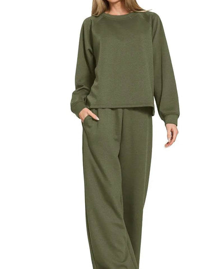 Zenana Scuba Crewneck Sweatshirt and Pants Set - ELY VESSA LLC