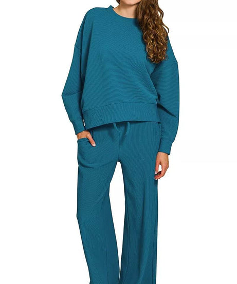 Zenana Ribbed Round Neck Pullover and Drawstring Pants Set - ELY VESSA LLC
