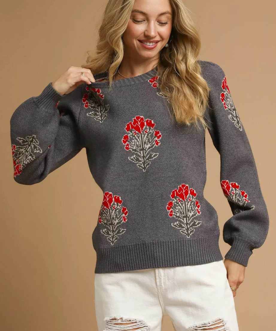 Umgee Single Flower Stem Jacquard Sweater - ELY VESSA LLC