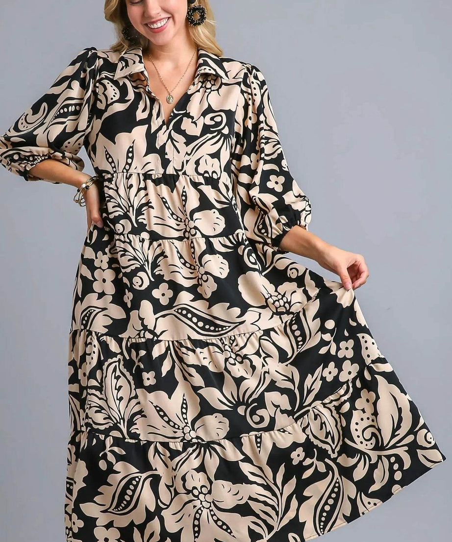 Umgee Floral Print Tiered Midi Dress - ELY VESSA LLC