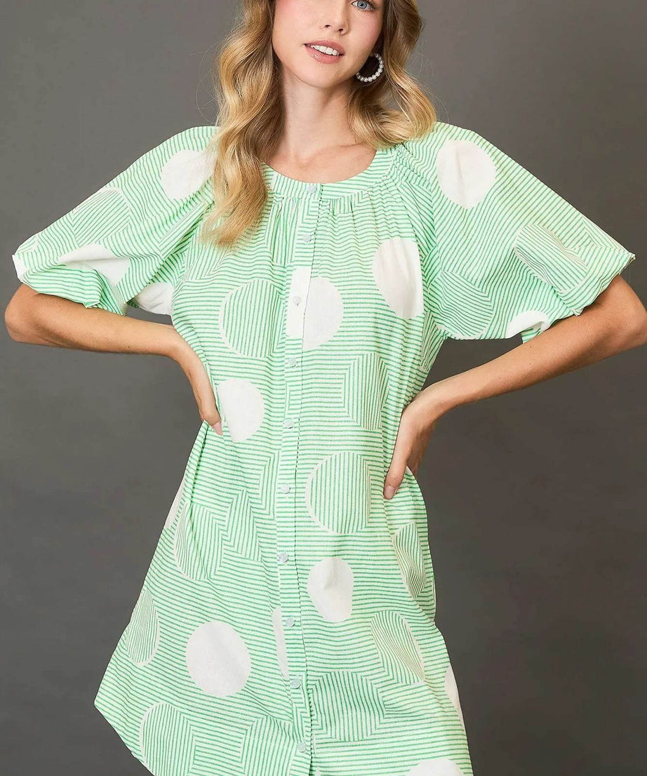 Umgee Stripe and Dot Print Button Down Puff Sleeve Mini Dress - ELY VESSA LLC