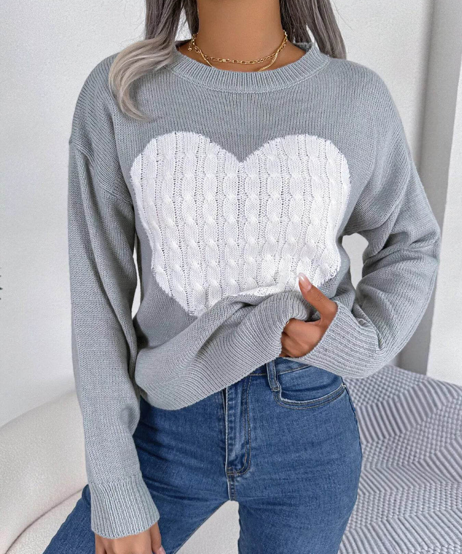 Cable Knit Heart Round Neck Sweater - ELY VESSA LLC
