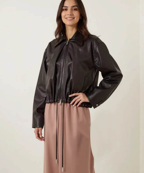Drawstring Hem Zip Up Jacket - ELY VESSA LLC