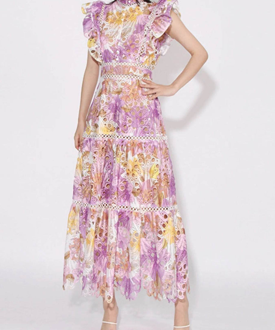 Ruffled Hollow Out Tiered Midi Dress - ELY VESSA LLC
