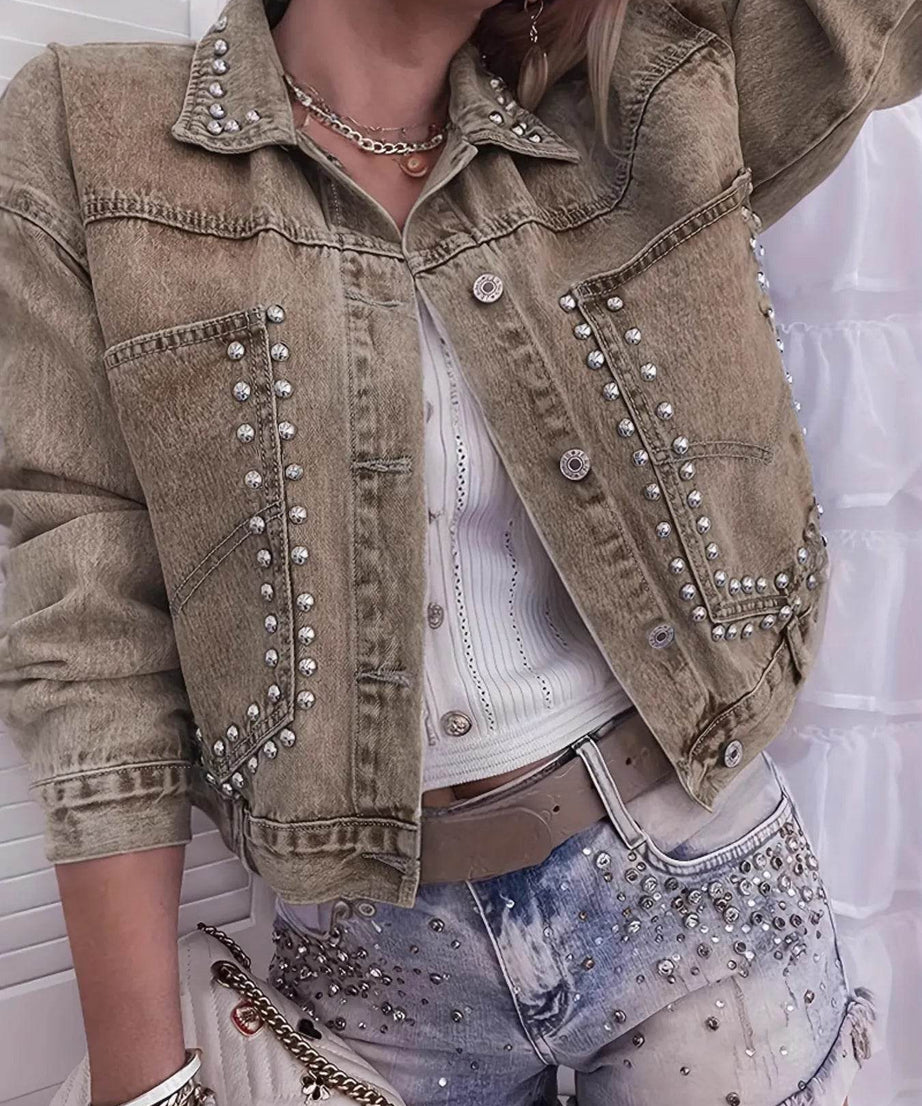 Studded Button Up Denim Jacket - ELY VESSA LLC