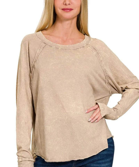 Zenana Crinkle Washed Thumb Hole Cuffs Long Sleeve Top - ELY VESSA LLC
