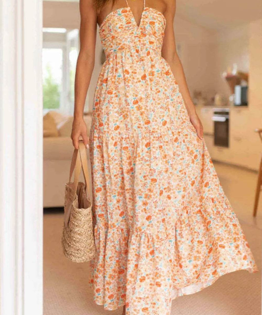 Tiered Halter Neck Printed Cami Dress - ELY VESSA LLC