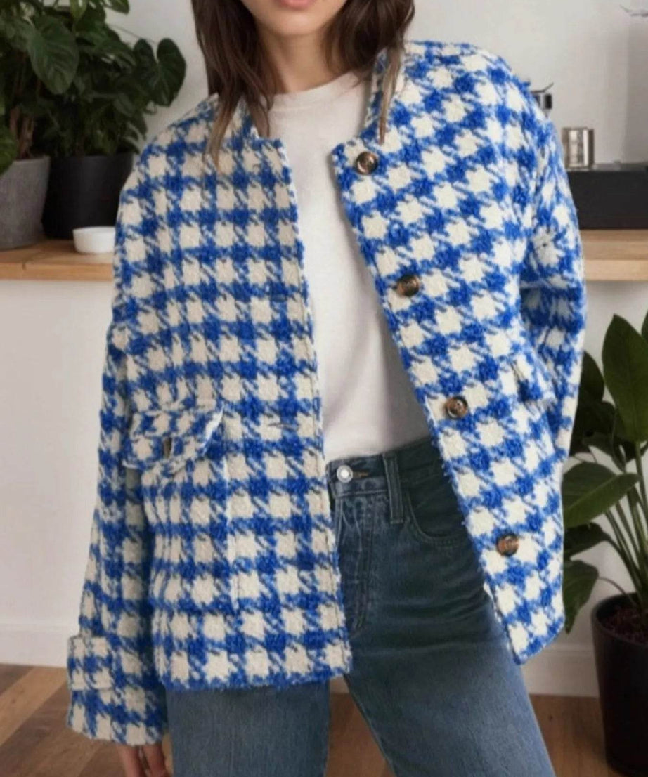 Houndstooth Button Up Long Sleeve Jacket - ELY VESSA LLC