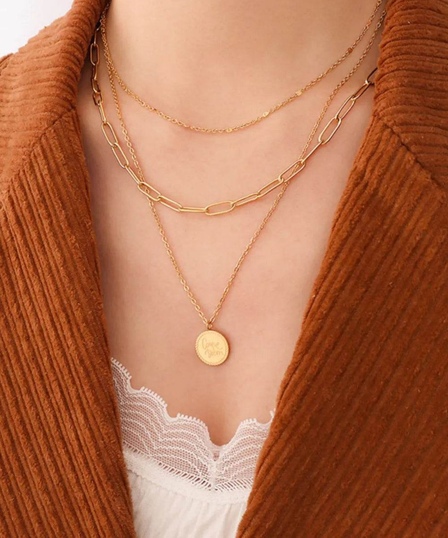 18K Gold-Plated Three-Layered Engraved Necklace - ELY VESSA LLC