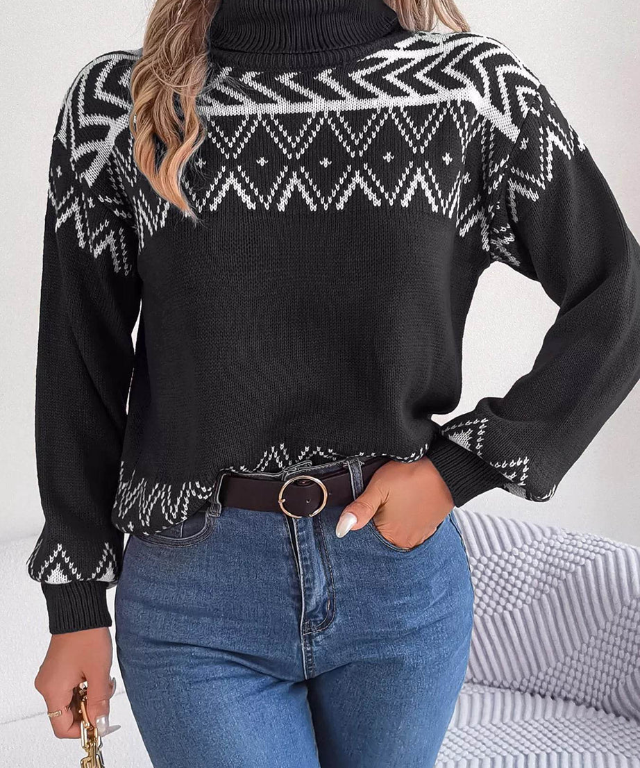 Turtleneck Dropped Shoulder Sweater - ELY VESSA LLC