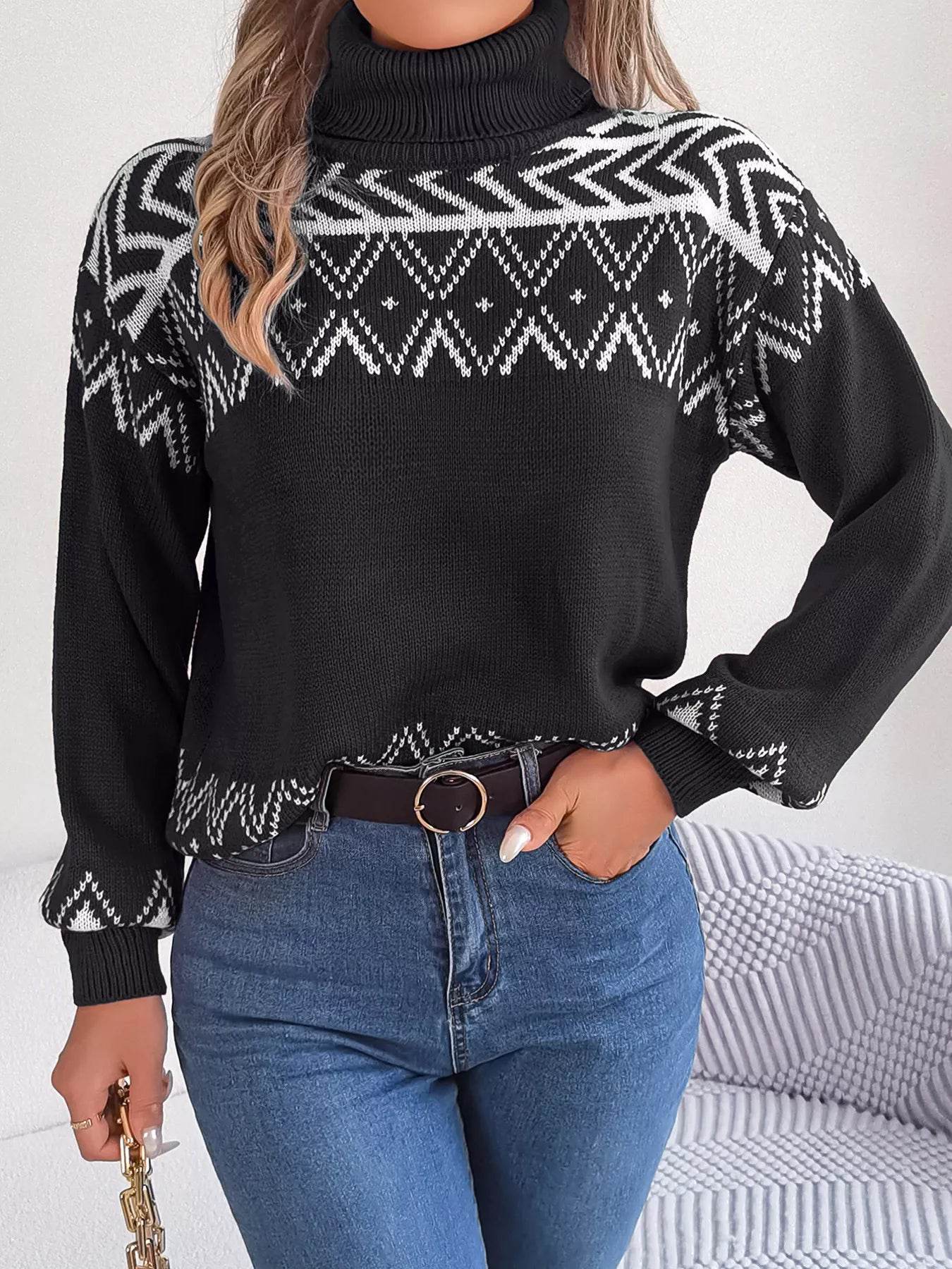 Turtleneck Dropped Shoulder Sweater - ELY VESSA LLC
