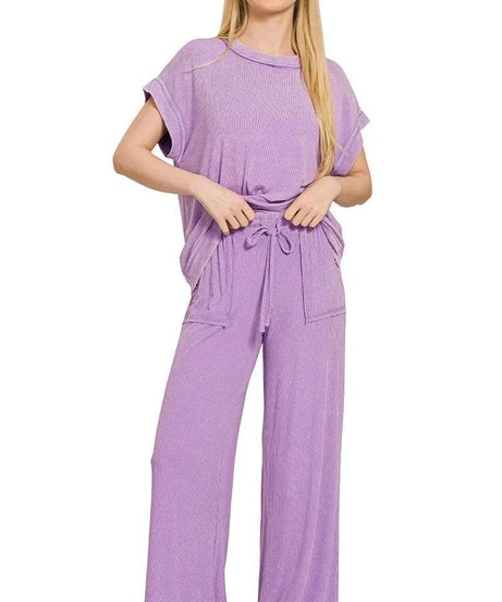 Zenana Ribbed Acid Wash Rayon Top & Pants Set - ELY VESSA LLC