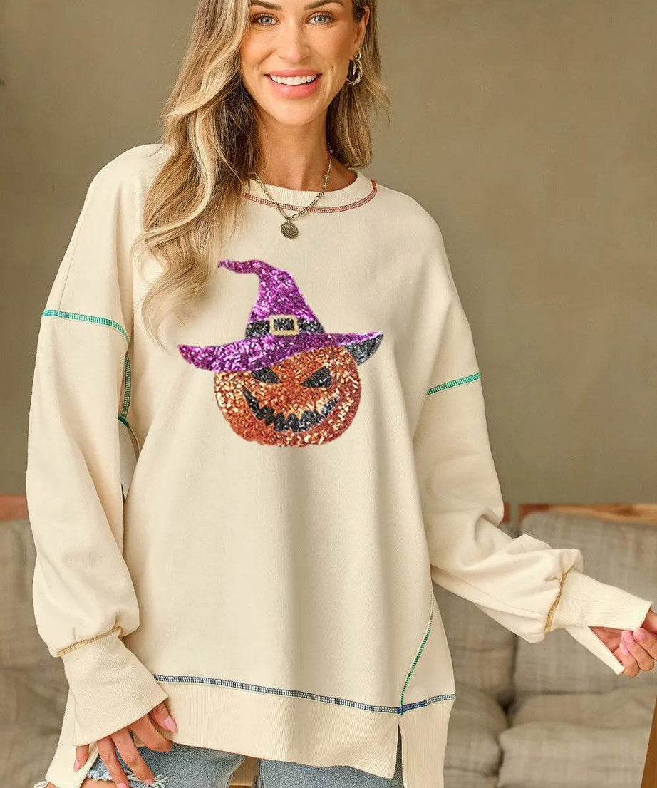 Contrast Stitching Sequin Pumpkin Round Neck Long Sleeve Sweatshirt - ELY VESSA LLC