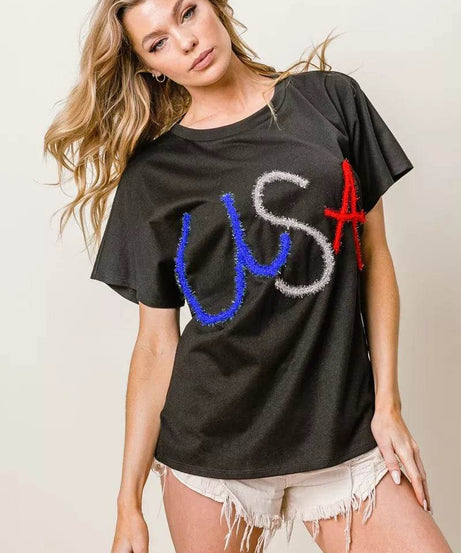 BiBi Metallic Letter Short Dolman Sleeve Top - ELY VESSA LLC