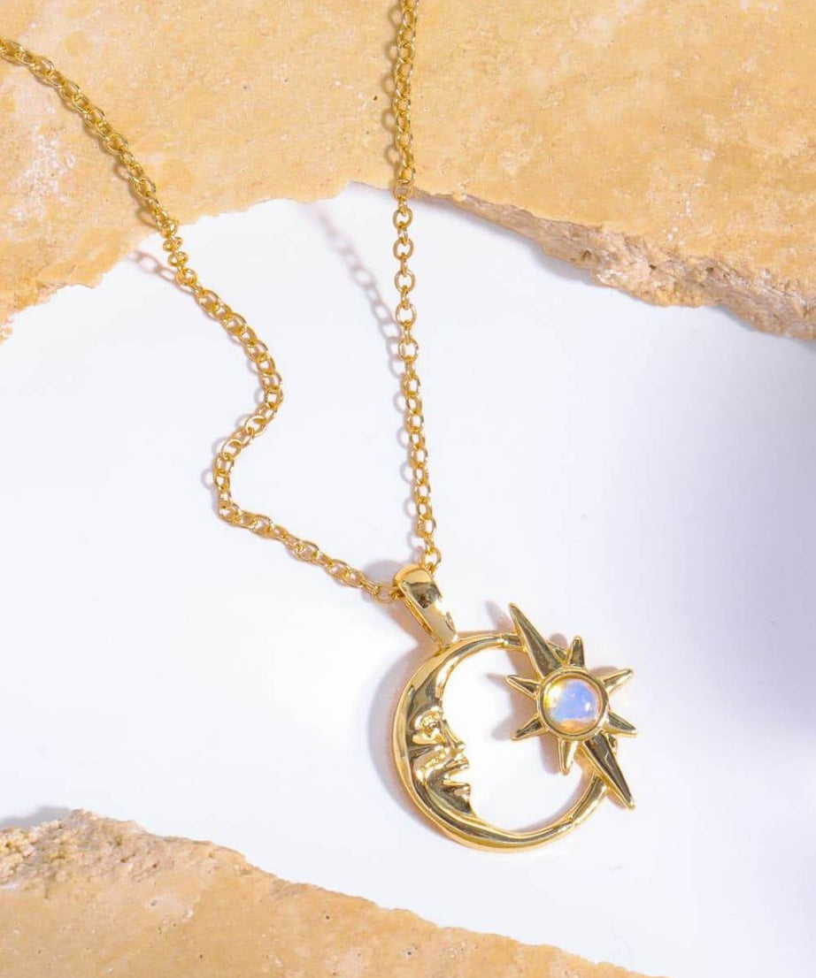 Copper 14K Gold-Plated Moon & Star Shape Pendant Necklace - ELY VESSA LLC