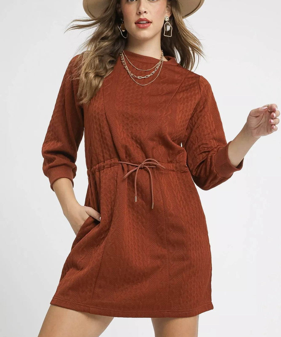 Umgee Drawstring Cable Knit Mini Dress with Pockets - ELY VESSA LLC