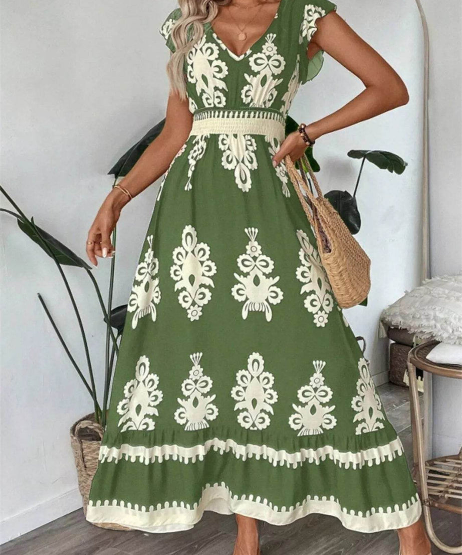 Printed V-Neck Ruffled Cap Sleeve Dress - ELY VESSA LLC