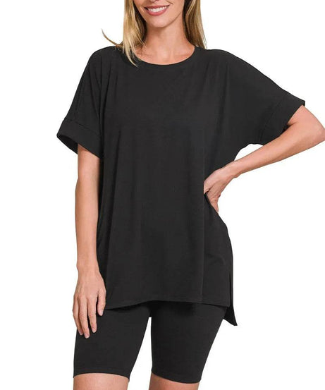 Zenana Brushed Dty Microfiber Round Neck Top and Biker Shorts Set - ELY VESSA LLC