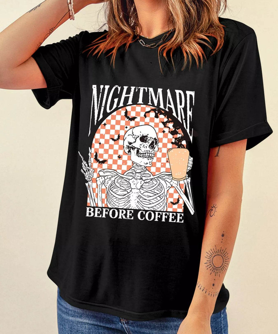 Halloween Skull Checkerboard Graphic Round Neck T-Shirt - ELY VESSA LLC