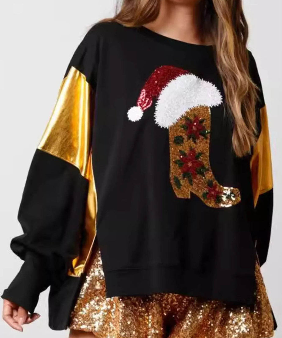 Christmas Sequin Boot Long Sleeve Sweatshirt - ELY VESSA LLC