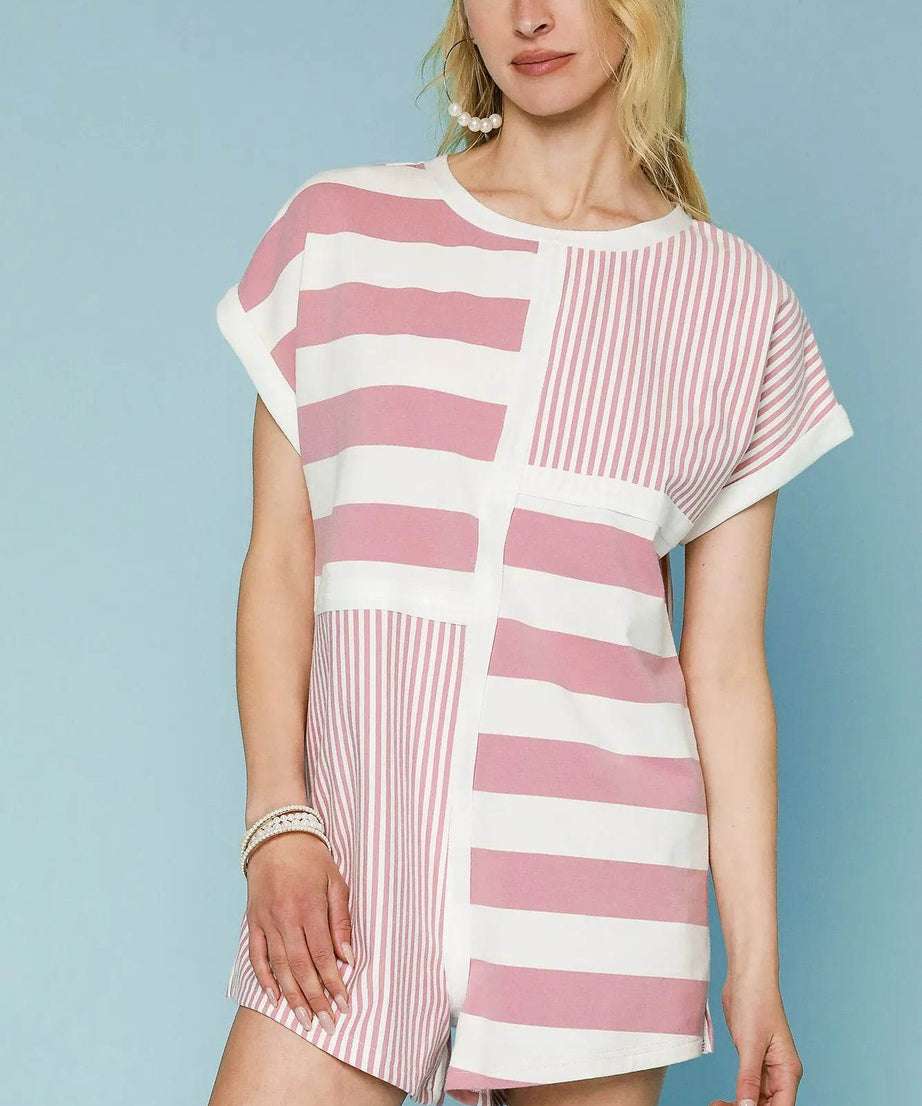 Umgee Mixed Striped Short Sleeve Romper - ELY VESSA LLC