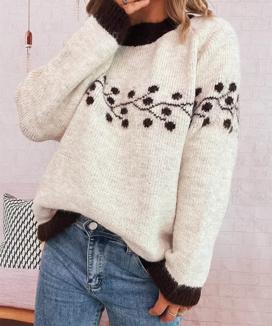 Contrast Hem Round Neck Sweater - ELY VESSA LLC