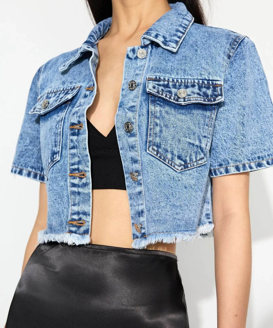 Cropped Short Sleeve Denim Jacket with Frayed Hem - ELY VESSA LLC