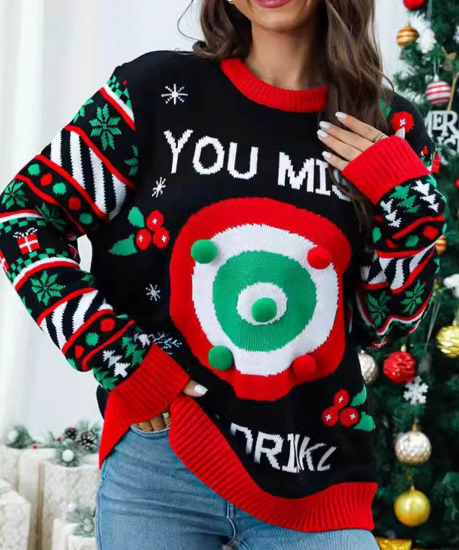 Christmas Ribbed Hem Long Sleeve Sweater - ELY VESSA LLC