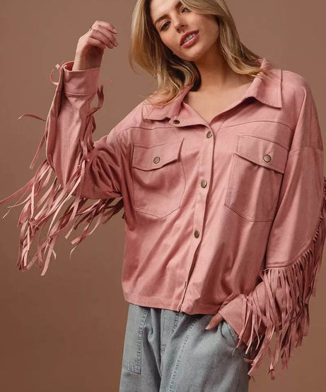BiBi Suede Fringe Long Sleeve Jacket - ELY VESSA LLC