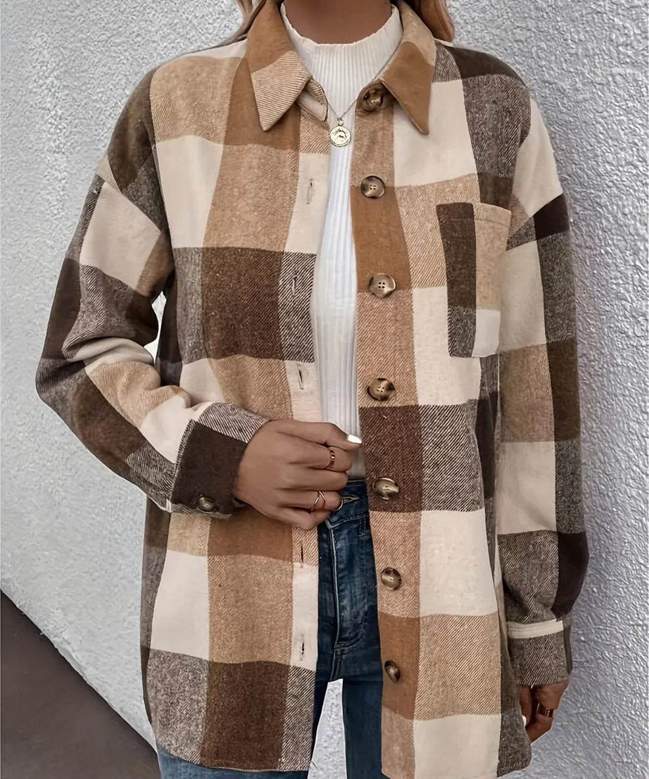 Curved Hem Plaid Collared Neck Shacket - ELY VESSA LLC
